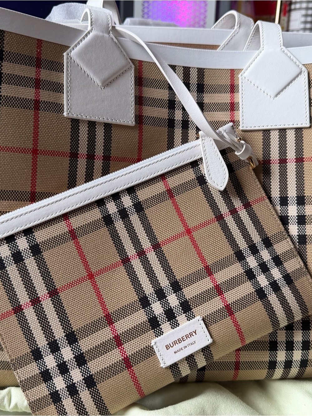 Burberry Beige Nova Check Tote with White Handles and Red Accent